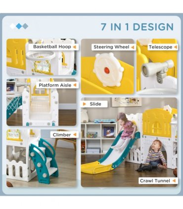 AIYAPLAY 7 in 1 Toddler Slide with Basketball Hoop, for 1-3 Years, Yellow