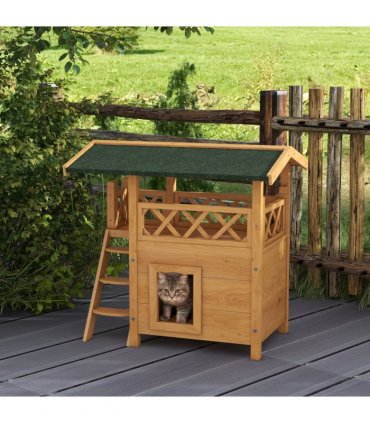 PawHut Outdoor Cat House with Balcony Stairs Roof, Natural Wood Finish
