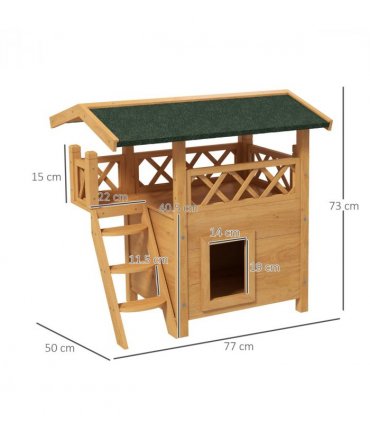 PawHut Outdoor Cat House with Balcony Stairs Roof, Natural Wood Finish
