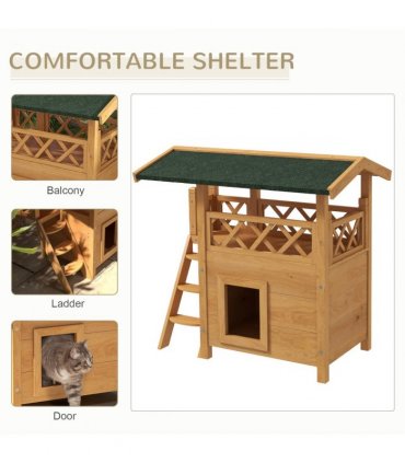 PawHut Outdoor Cat House with Balcony Stairs Roof, Natural Wood Finish