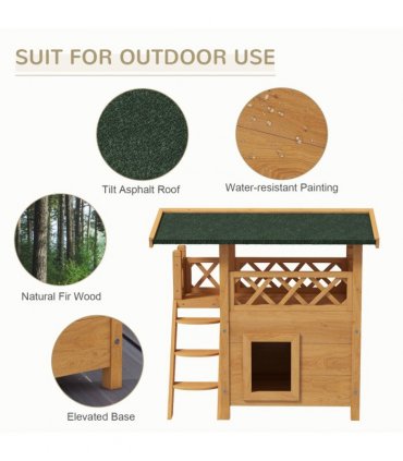 PawHut Outdoor Cat House with Balcony Stairs Roof, Natural Wood Finish