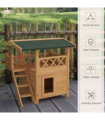 PawHut Outdoor Cat House with Balcony Stairs Roof, Natural Wood Finish