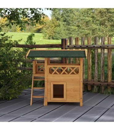 PawHut Outdoor Cat House with Balcony Stairs Roof, Natural Wood Finish