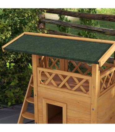 PawHut Outdoor Cat House with Balcony Stairs Roof, Natural Wood Finish