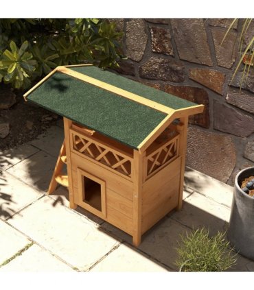 PawHut Outdoor Cat House with Balcony Stairs Roof, Natural Wood Finish