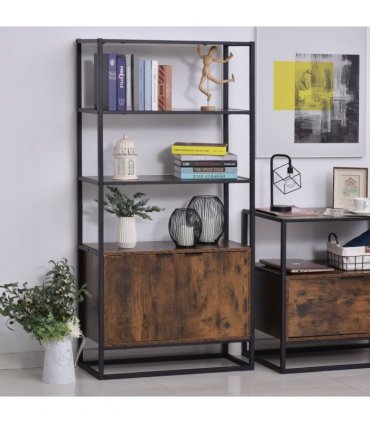 Storage Cabinet Brown 3 Open Shelves Cupboard Industrial Style Metal Frame