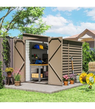 Outsunny 5 x 9ft Galvanised Metal Garden Shed with Foundation Kit, Brown