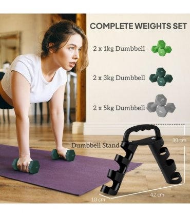 SPORTNOW Dumbbells Set with Storage Rack, 2 x 1kg, 2 x 3kg, 2 x 5kg, Green — Colour: Light green, turquoise and grey