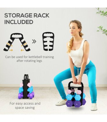 SPORTNOW Dumbbells Set with Storage Rack, 2 x 1kg, 2 x 3kg, 2 x 5kg, Pink — Colour: Pink, light blue and purple