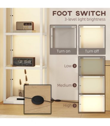 HOMCOM LED Floor Lamp with Glass Shelves, Dimmable Room Lamp, Oak