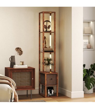 HOMCOM Floor Lamp with Shelves, LED Standing Lamp with Fabric Drawer, Brown — Colour: Rustic Brown