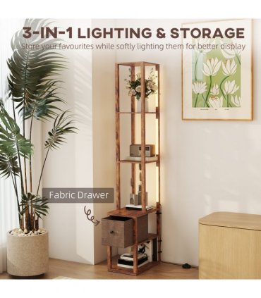 HOMCOM Floor Lamp with Shelves, LED Standing Lamp with Fabric Drawer, Brown — Colour: Rustic Brown
