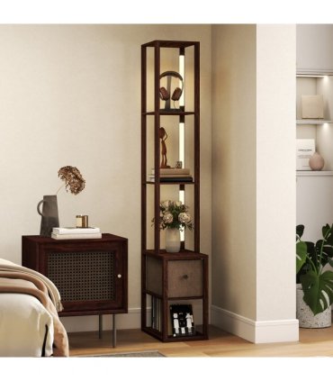 HOMCOM Floor Lamp with Shelves, LED Standing Lamp with Fabric Drawer, Brown — Colour: Dark brown