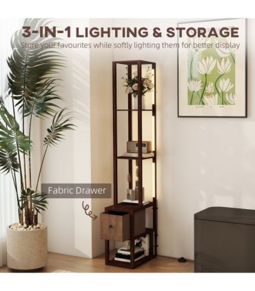 HOMCOM Floor Lamp with Shelves, LED Standing Lamp with Fabric Drawer, Brown — Colour: Dark brown