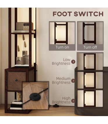 HOMCOM Floor Lamp with Shelves, LED Standing Lamp with Fabric Drawer, Brown — Colour: Dark brown