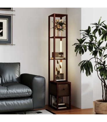 HOMCOM Floor Lamp with Shelves, LED Standing Lamp with Fabric Drawer, Brown — Colour: Dark brown