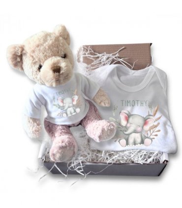 Personalised Happy Elephant Gift Hamper - Teddy & Baby Vest — Colour: White, Size: 31cm — V0671737215