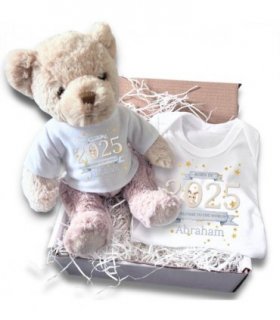 Personalised Welcome to the World 2025 Gift Hamper - Teddy & Baby Vest — Colour: White, Size: 31cm — V0671738824