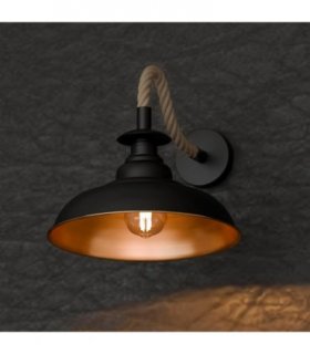 Black Hemp Rope Wall Sconce | 32cm Curvy Industrial Shade E27 ~6510