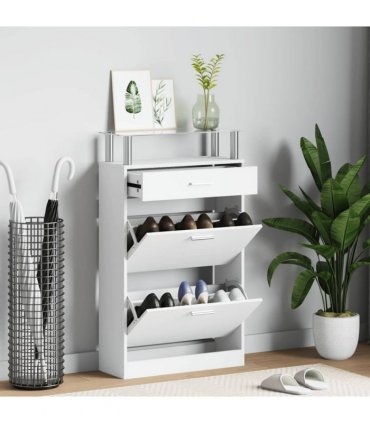 vidaXL Shoe Cabinet with a Drawer and a Top Glass Shelf Wood White