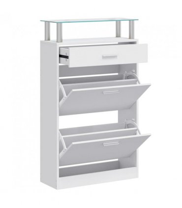 vidaXL Shoe Cabinet with a Drawer and a Top Glass Shelf Wood White