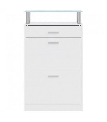 vidaXL Shoe Cabinet with a Drawer and a Top Glass Shelf Wood White