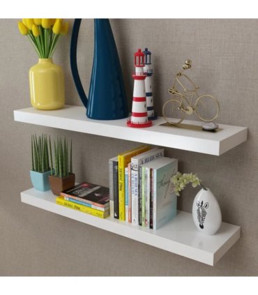 2 White MDF Floating Wall Display Shelves Book/DVD Storage — Size: 80 cm