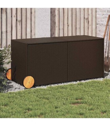 vidaXL Garden Storage Box with Wheels Brown 283L Poly Rattan — Size: 127 x 55 x 56/59.5 cm