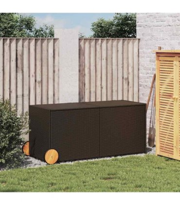 vidaXL Garden Storage Box with Wheels Brown 283L Poly Rattan — Size: 127 x 55 x 56/59.5 cm