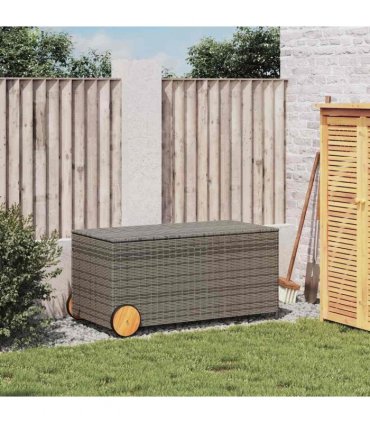 vidaXL Garden Storage Box with Wheels Grey 190L Poly Rattan — Size: 107 x 55 x 50/53 cm