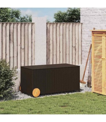 vidaXL Garden Storage Box with Wheels Brown 190L Poly Rattan — Size: 107 x 55 x 50/53 cm