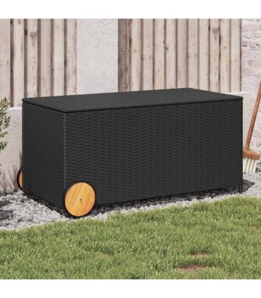 vidaXL Garden Storage Box with Wheels Black 190L Poly Rattan — Size: 107 x 55 x 50/53 cm
