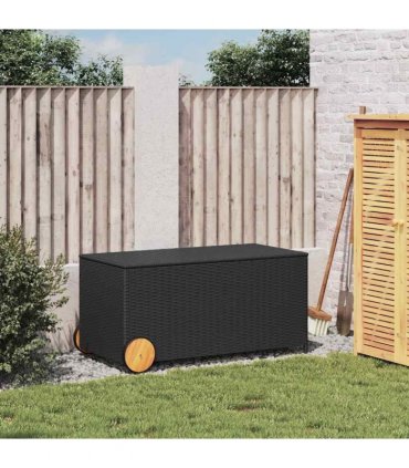vidaXL Garden Storage Box with Wheels Black 190L Poly Rattan — Size: 107 x 55 x 50/53 cm