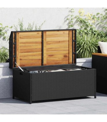 vidaXL Storage Bench Black 100x50x52 cm Poly Rattan and Acacia Wood — Size: 100 x 50 x 52 cm