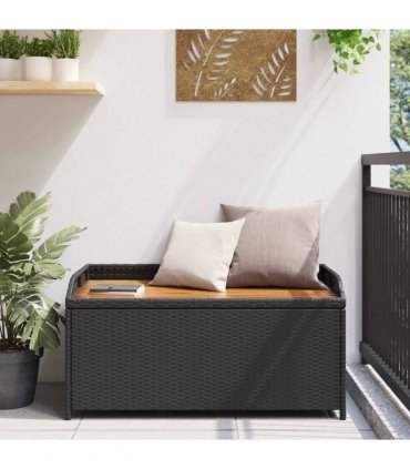 vidaXL Storage Bench Black 100x50x52 cm Poly Rattan and Acacia Wood — Size: 100 x 50 x 52 cm