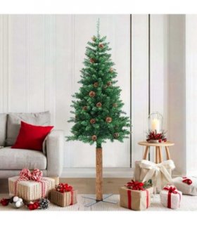 vidaXL Christmas Tree | Green | PVC, Solid Pine Wood, Powder-Coated Steel | Slim — Size: 180 x 72 cm, Model: with cones