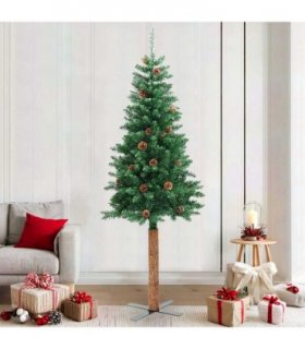 vidaXL Christmas Tree | Green | PVC, Solid Pine Wood, Powder-Coated Steel | Slim — Size: 210 x 77 cm, Model: with cones