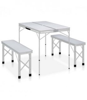 vidaXL Folding Camping Table with 2 Benches Aluminium White