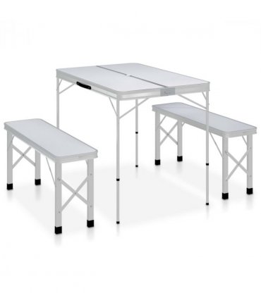 vidaXL Folding Camping Table with 2 Benches Aluminium White