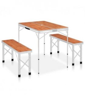 vidaXL Folding Camping Table with 2 Benches Aluminium Brown
