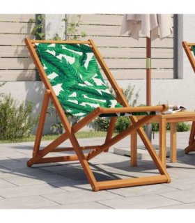 vidaXL Folding Beach Chair Leaf Pattern Solid Wood Eucalyptus and Fabric — Model: without armrest