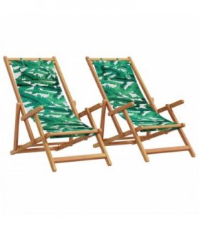 vidaXL Folding Beach Chairs 2 pcs Leaf Pattern Fabric and Solid Wood — Model: with armrest