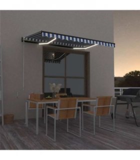 vidaXL Manual Retractable Awning with LED 400x300 cm Blue and White — Size: 400 x 300 cm
