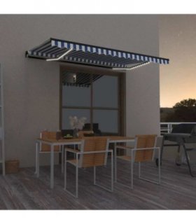 vidaXL Manual Retractable Awning with LED 450x350 cm Blue and White — Size: 450 x 350 cm
