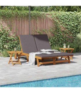 vidaXL Sun Lounger Reclining with Cushion Dark Grey Solid Acacia Wood — Model: 2-Person sun lounger +2x table
