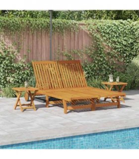 vidaXL Sun Lounger Reclining Brown Solid Acacia Wood — Model: 2-Person sun lounger +2x table