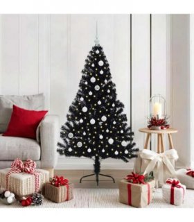 vidaXL Artificial Pre-lit Christmas Tree Black 150 cm PVC — Model: with 61 white balls
