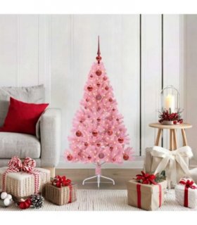 vidaXL Artificial Pre-lit Christmas Tree with 150 LEDs Pink 120 cm PVC — Model: with 61 red balls