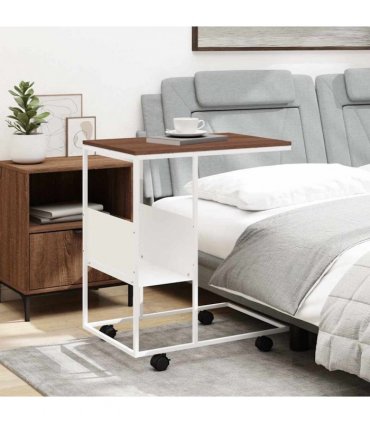 vidaXL Side Table with Wheels White 55x36x63.5 cm Engineered Wood — Colour: white and brown