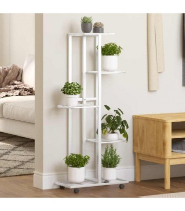 vidaXL 5-Floor Flower Stand with Wheels 44x23x100 cm White Iron — Size: 45 x 23 x 100 cm
